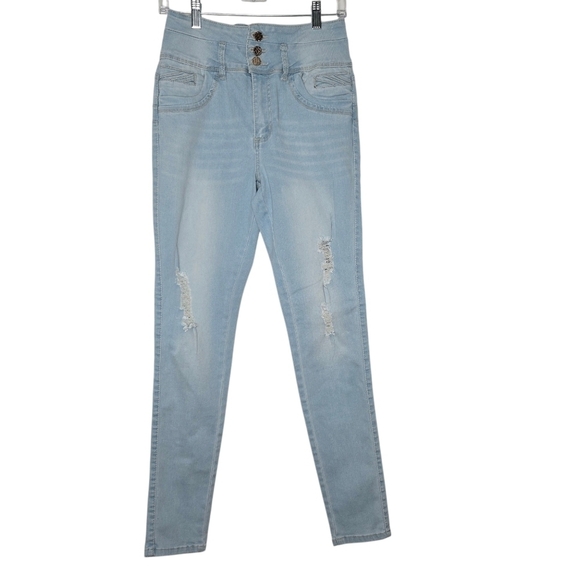 CUTIE PIE Women's Light Wash Stretchy Skinny Distressed Denim Jeans Size 11 - Picture 1 of 9